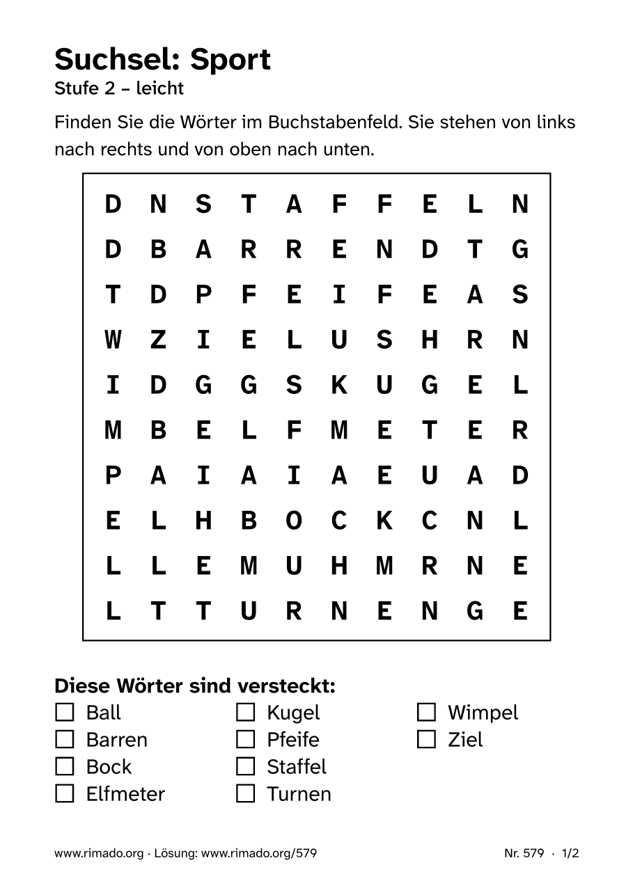 Vorschau der Druckseite: Suchsel „Sport“, Nr. 579