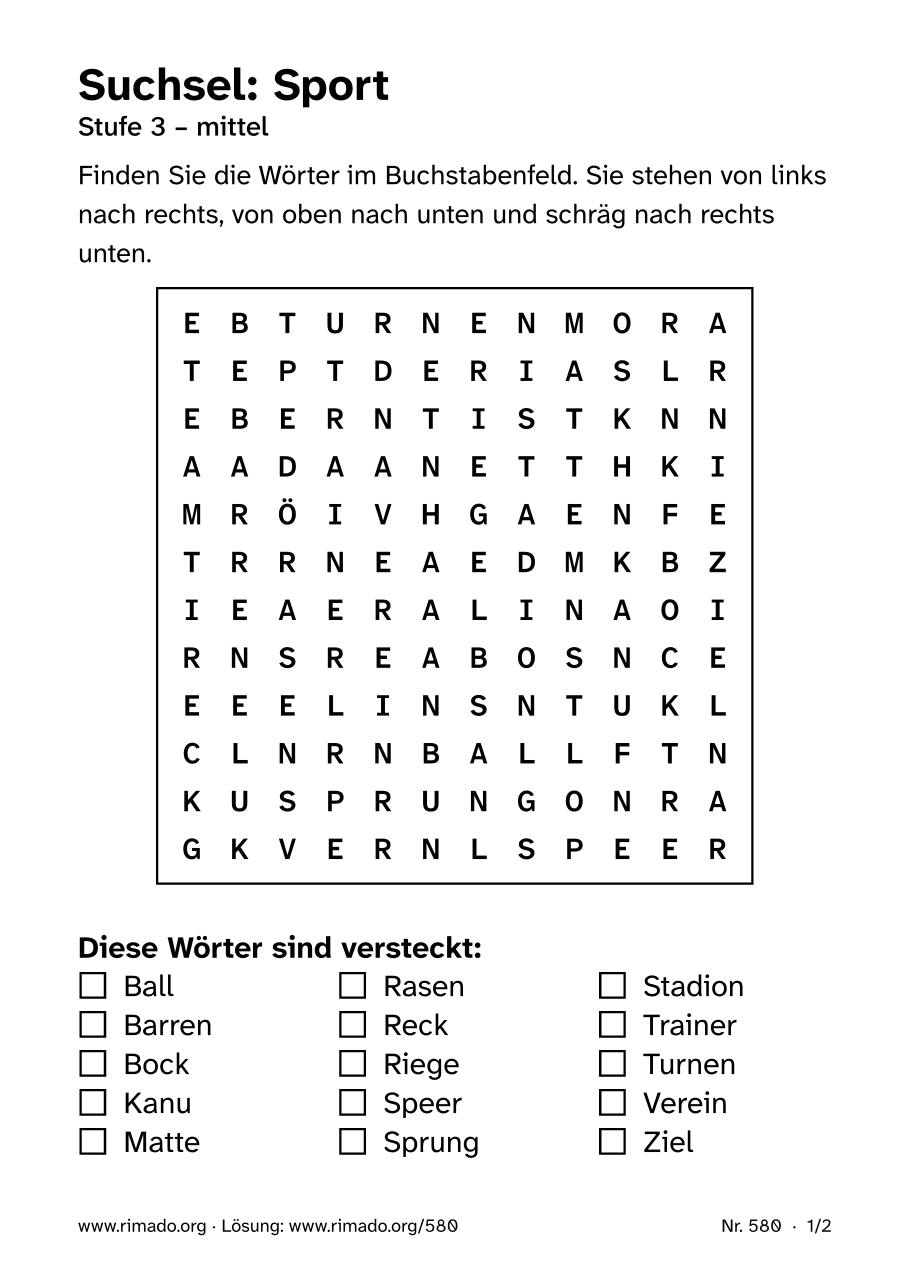 Vorschau der Druckseite: Suchsel „Sport“, Nr. 580