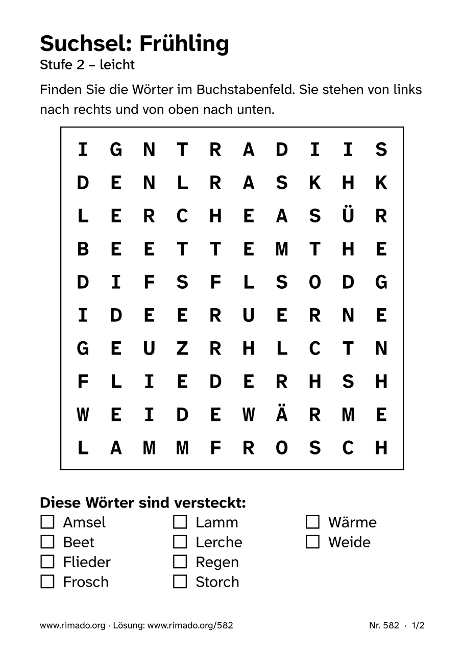 Vorschau der Druckseite: Suchsel „Frühling“, Nr. 582