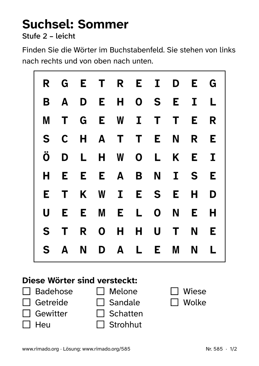 Vorschau der Druckseite: Suchsel „Sommer“, Nr. 585