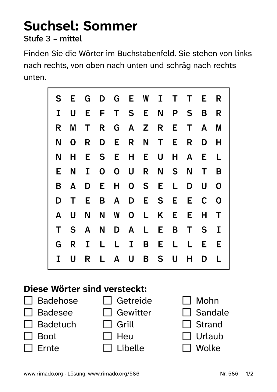 Vorschau der Druckseite: Suchsel „Sommer“, Nr. 586