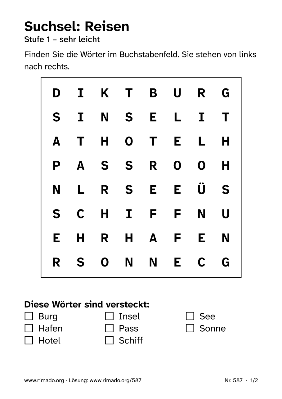 Vorschau der Druckseite: Suchsel „Reisen“, Nr. 587
