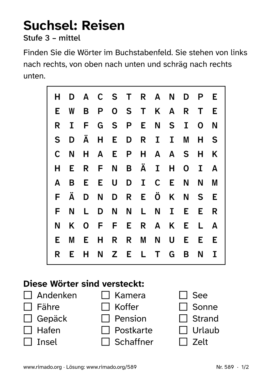 Vorschau der Druckseite: Suchsel „Reisen“, Nr. 589