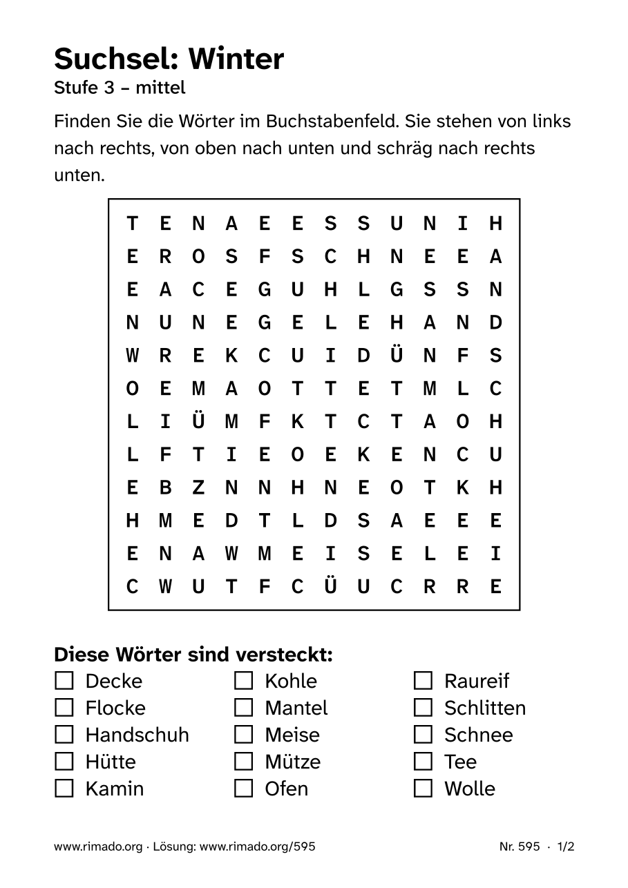 Vorschau der Druckseite: Suchsel „Winter“, Nr. 595