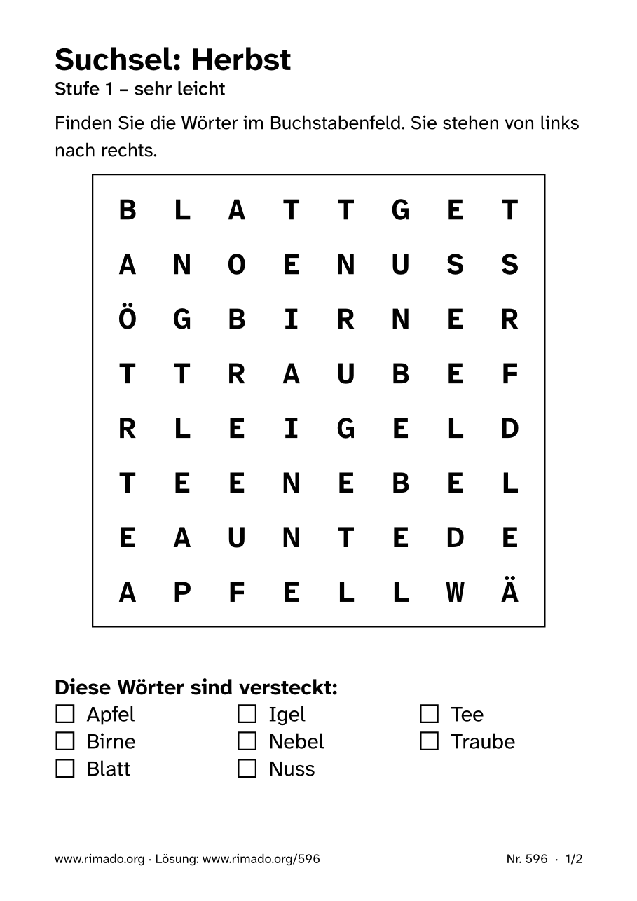 Vorschau der Druckseite: Suchsel „Herbst“, Nr. 596