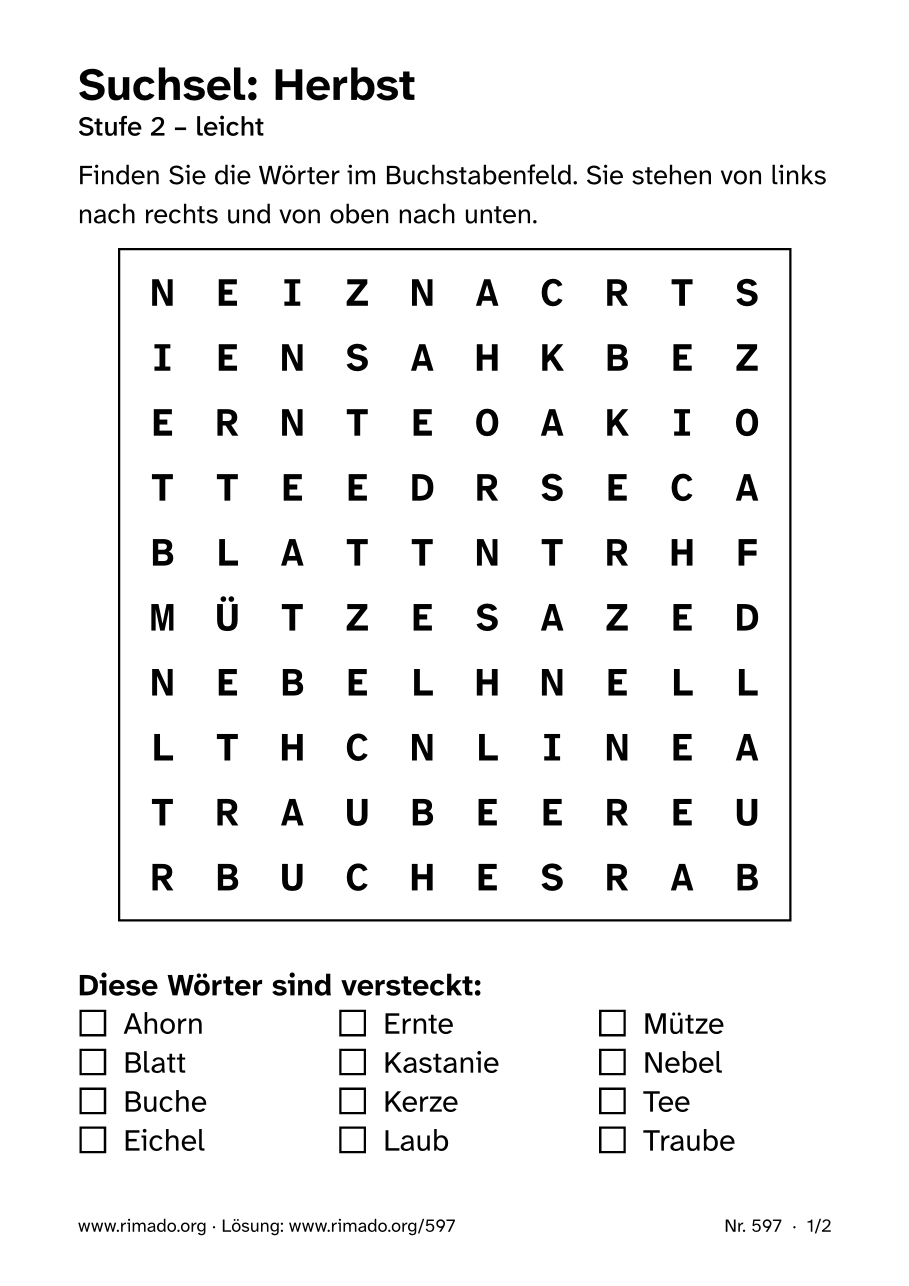 Vorschau der Druckseite: Suchsel „Herbst“, Nr. 597
