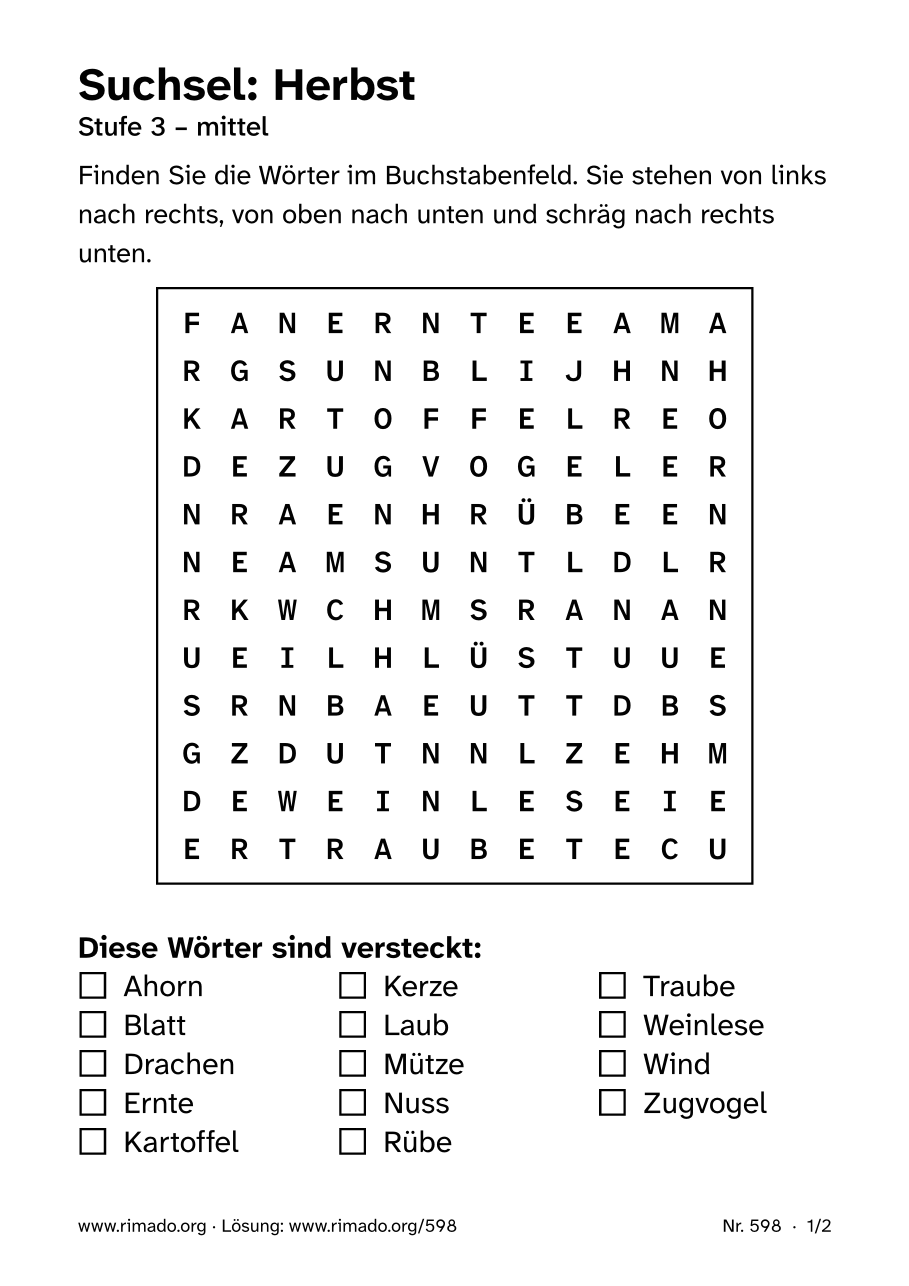 Vorschau der Druckseite: Suchsel „Herbst“, Nr. 598