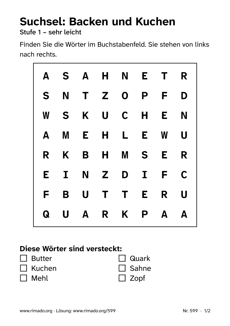 Vorschau der Druckseite: Suchsel „Backen und Kuchen“, Nr. 599