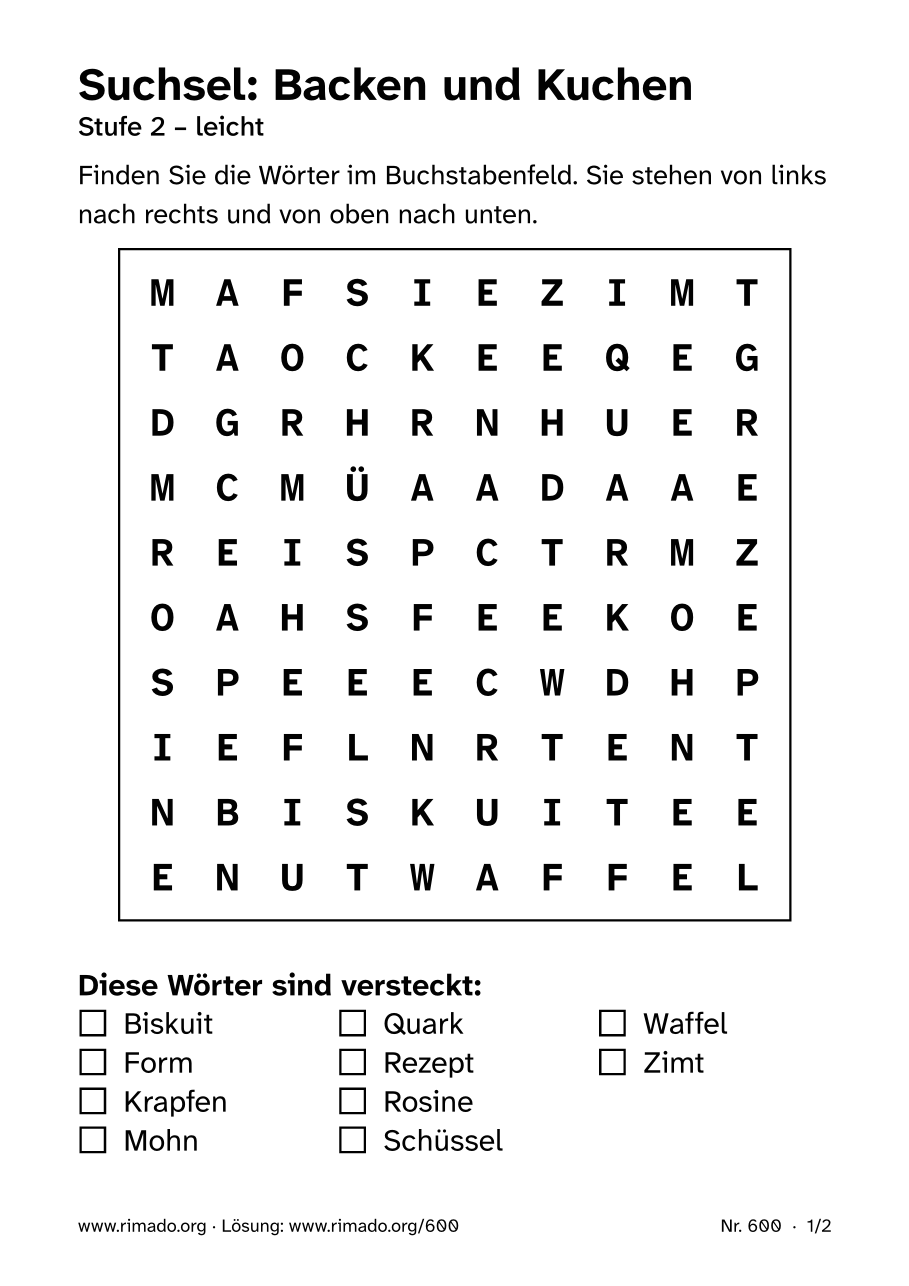 Vorschau der Druckseite: Suchsel „Backen und Kuchen“, Nr. 600