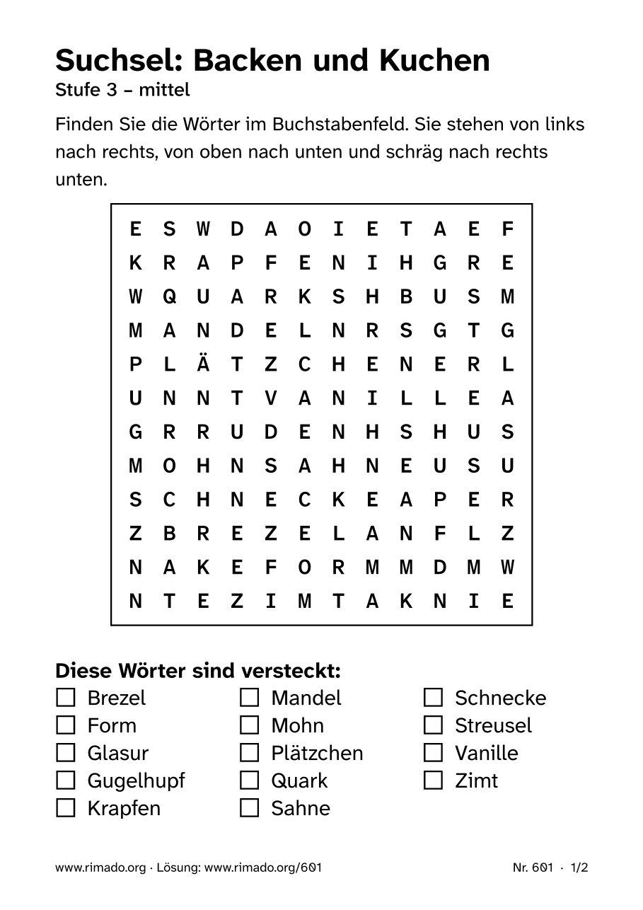 Vorschau der Druckseite: Suchsel „Backen und Kuchen“, Nr. 601