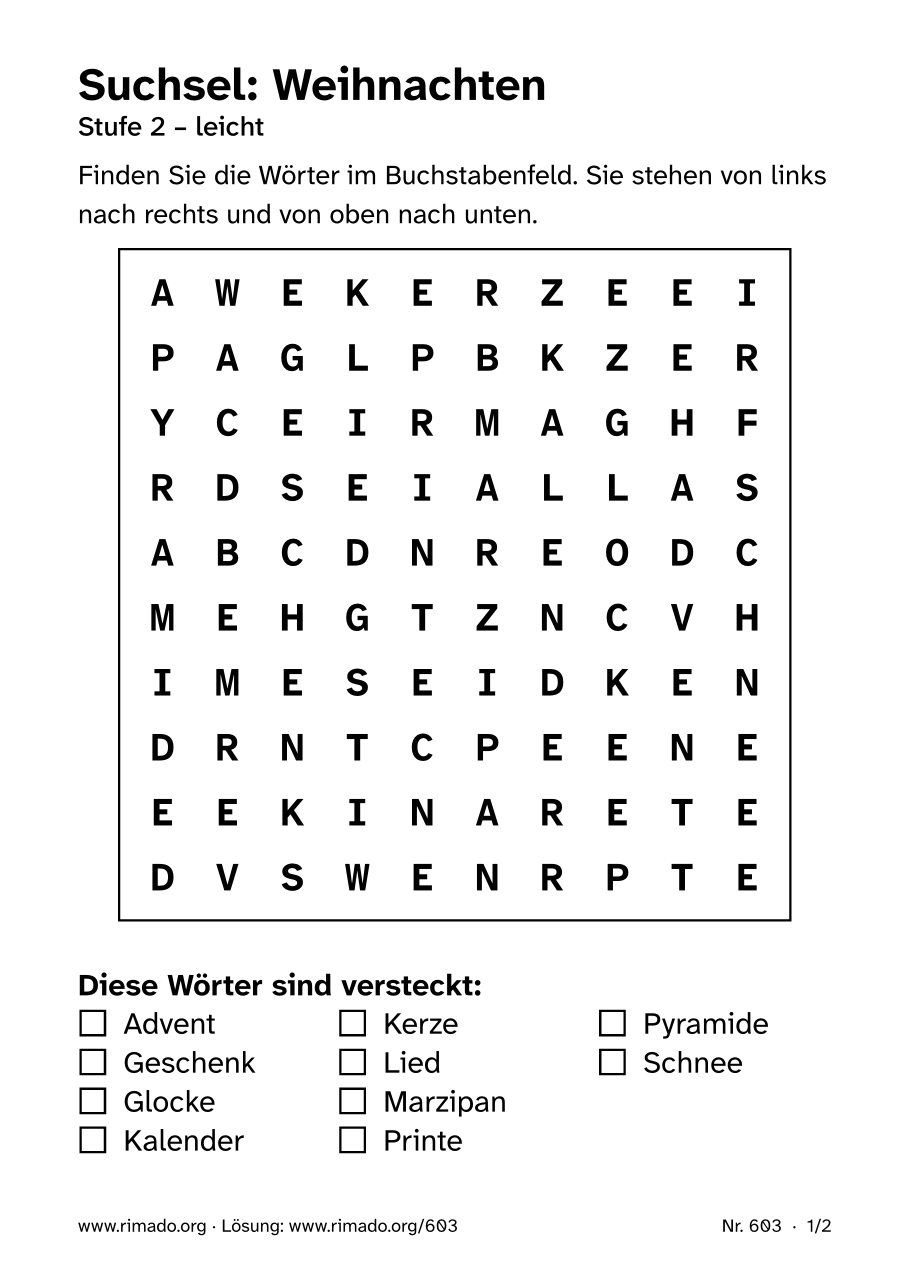 Vorschau der Druckseite: Suchsel „Weihnachten“, Nr. 603