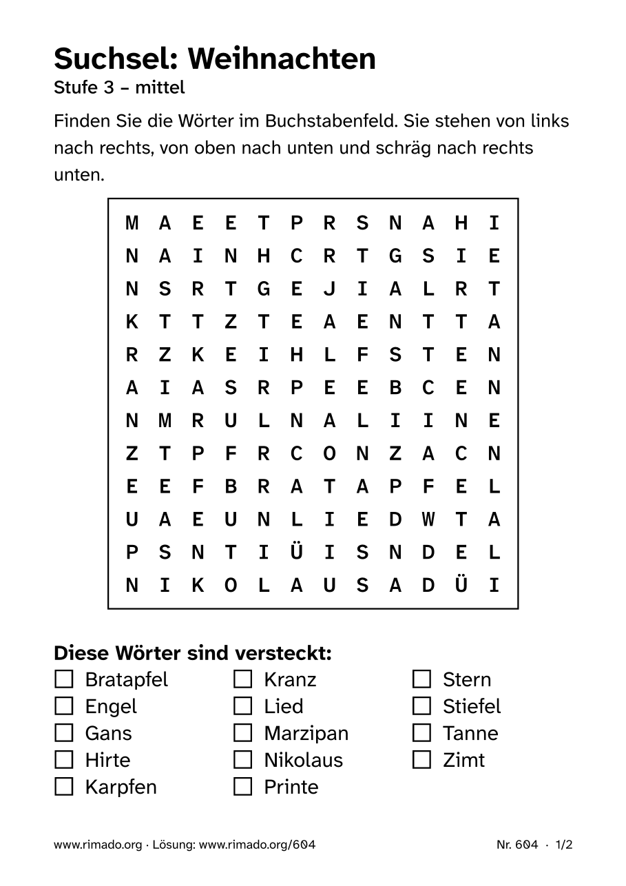 Vorschau der Druckseite: Suchsel „Weihnachten“, Nr. 604