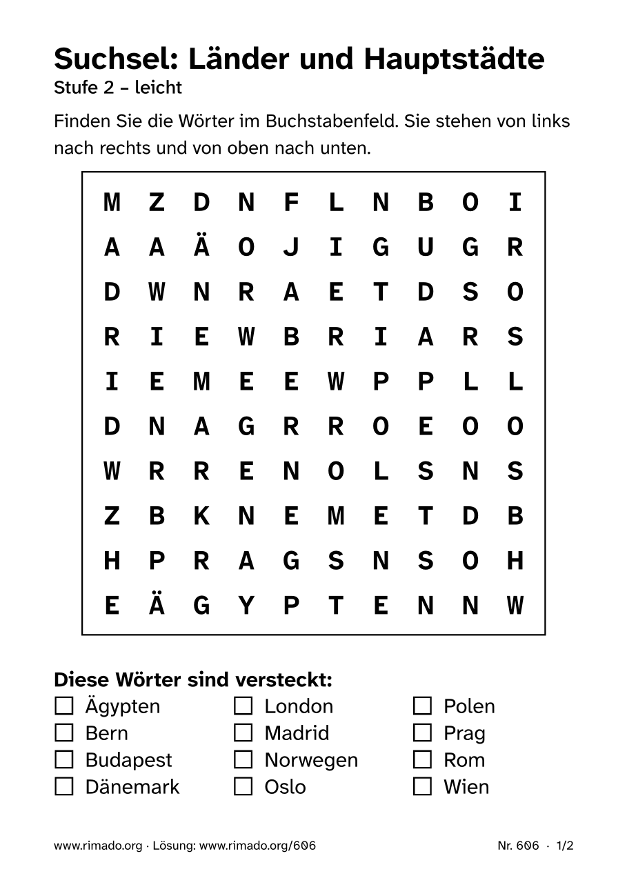 Vorschau der Druckseite: Suchsel „Länder und Hauptstädte“, Nr. 606