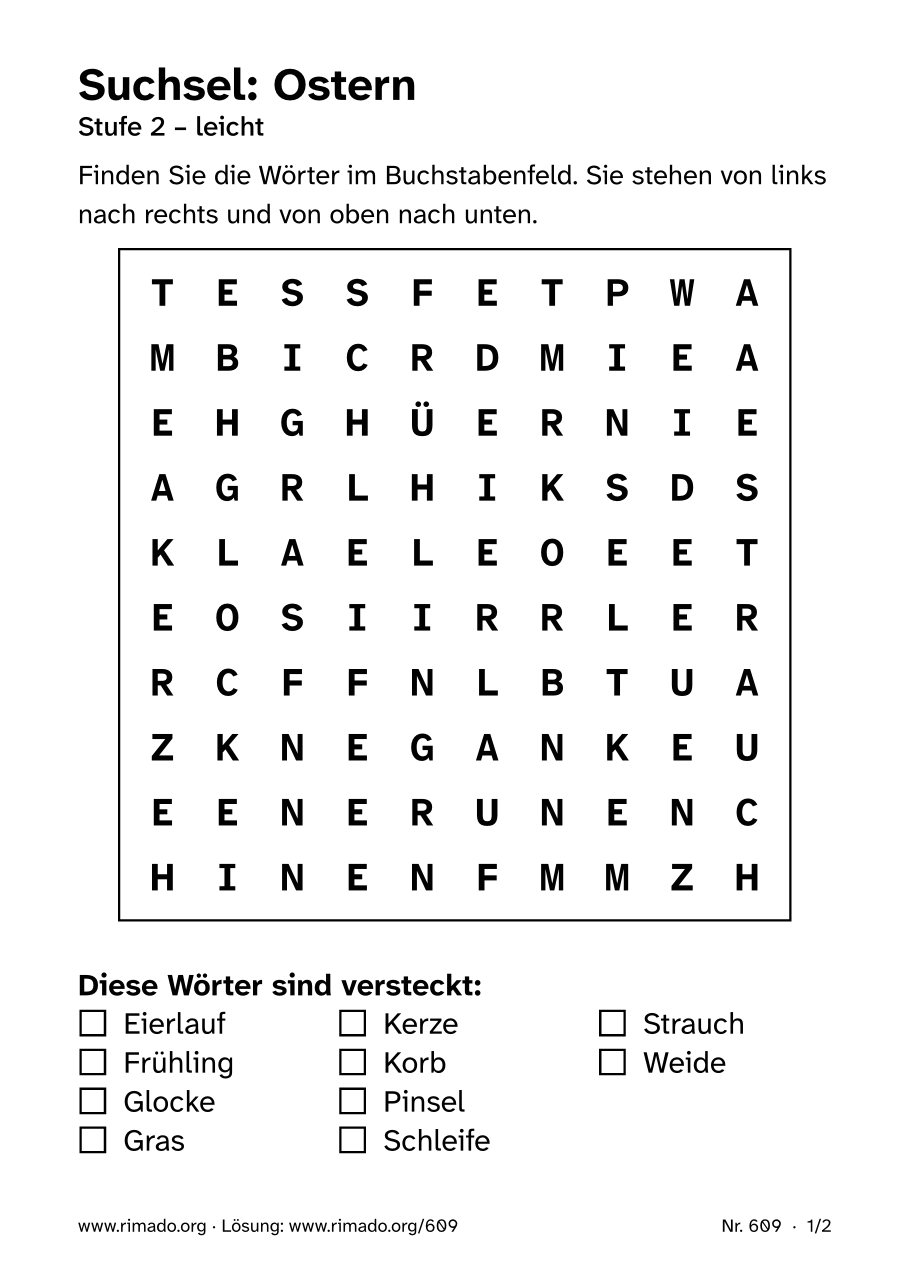 Vorschau der Druckseite: Suchsel „Ostern“, Nr. 609