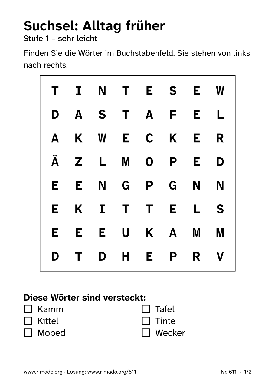 Vorschau der Druckseite: Suchsel „Alltag früher“, Nr. 611