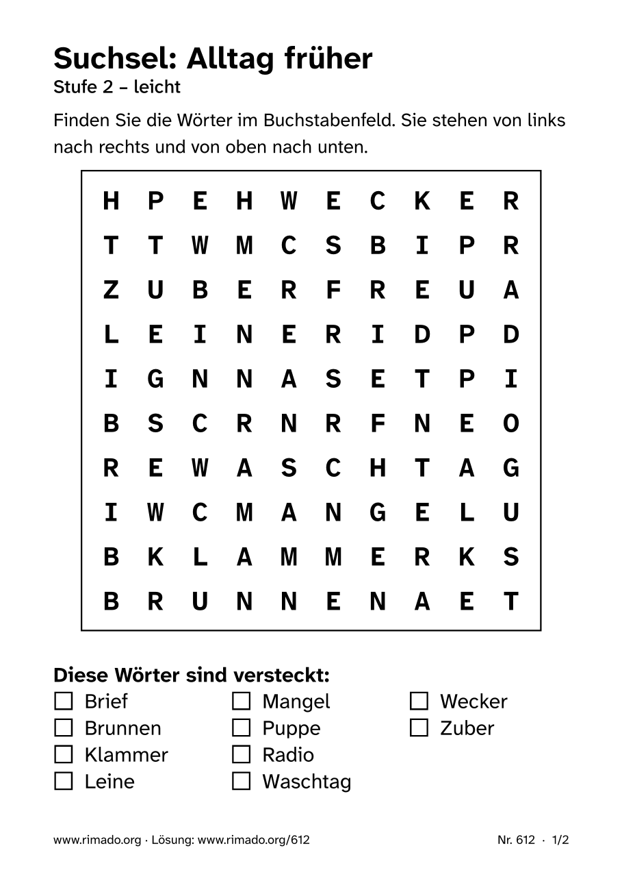 Vorschau der Druckseite: Suchsel „Alltag früher“, Nr. 612