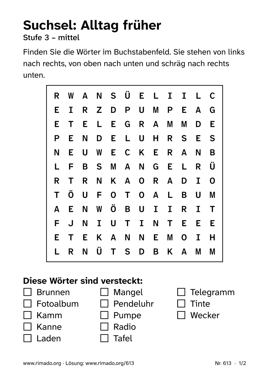 Vorschau der Druckseite: Suchsel „Alltag früher“, Nr. 613