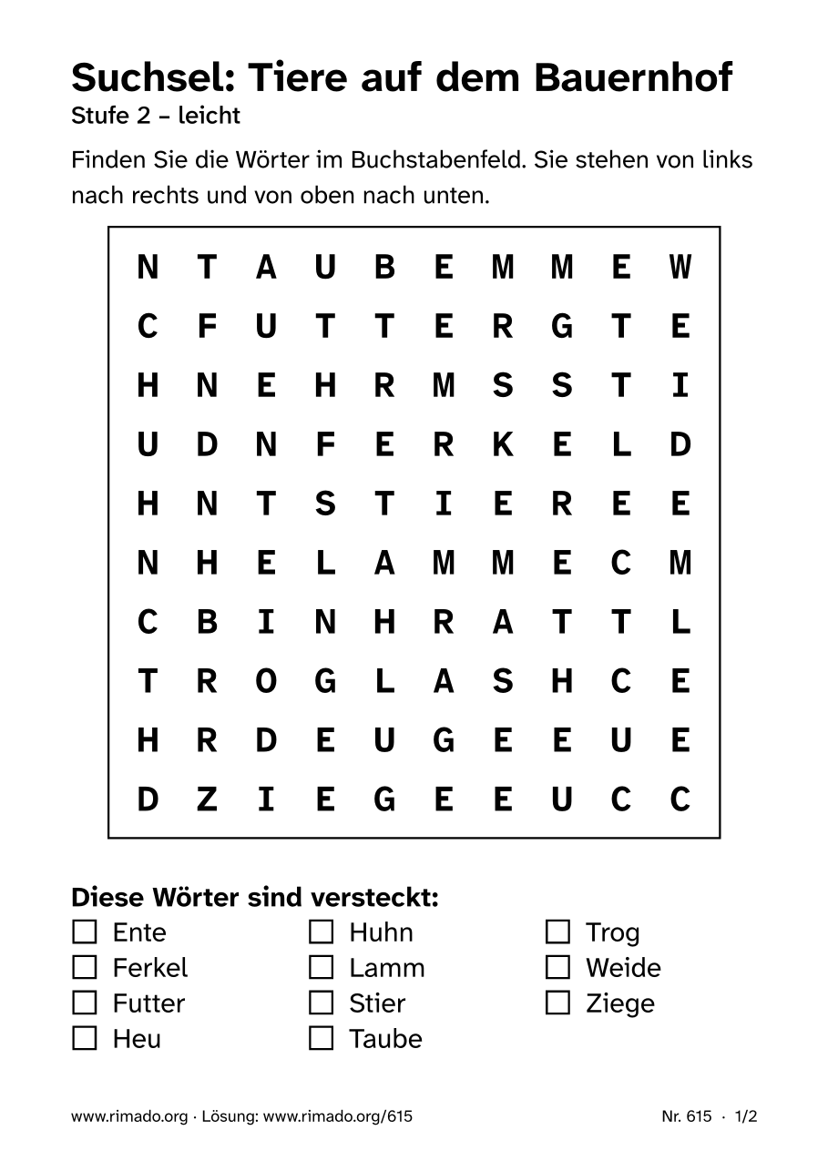 Vorschau der Druckseite: Suchsel „Tiere auf dem Bauernhof“, Nr. 615