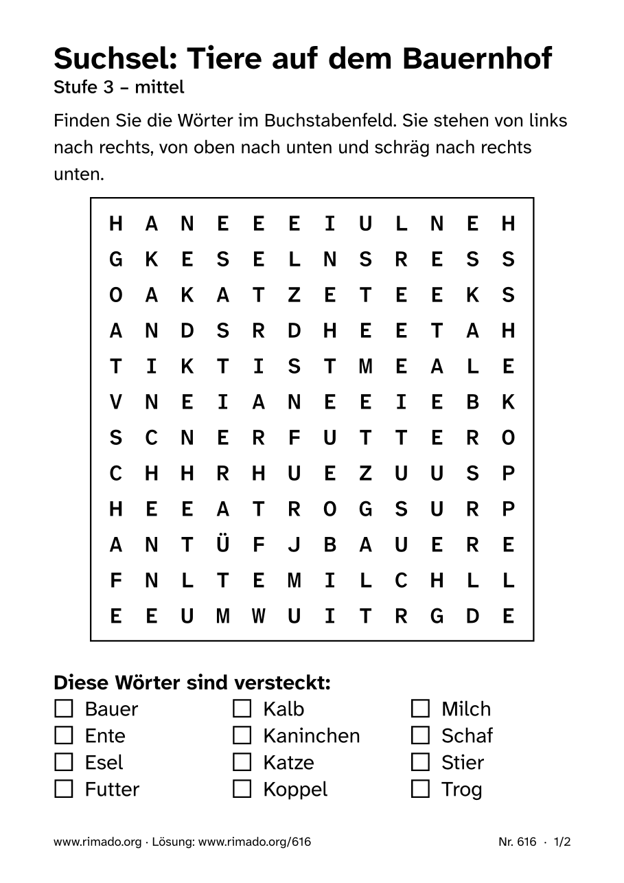 Vorschau der Druckseite: Suchsel „Tiere auf dem Bauernhof“, Nr. 616