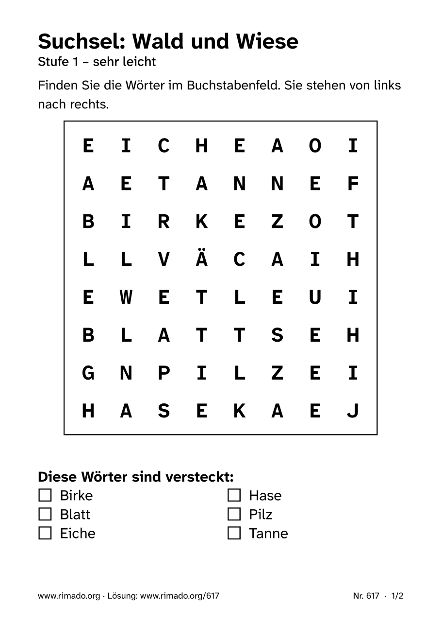 Vorschau der Druckseite: Suchsel „Wald und Wiese“, Nr. 617