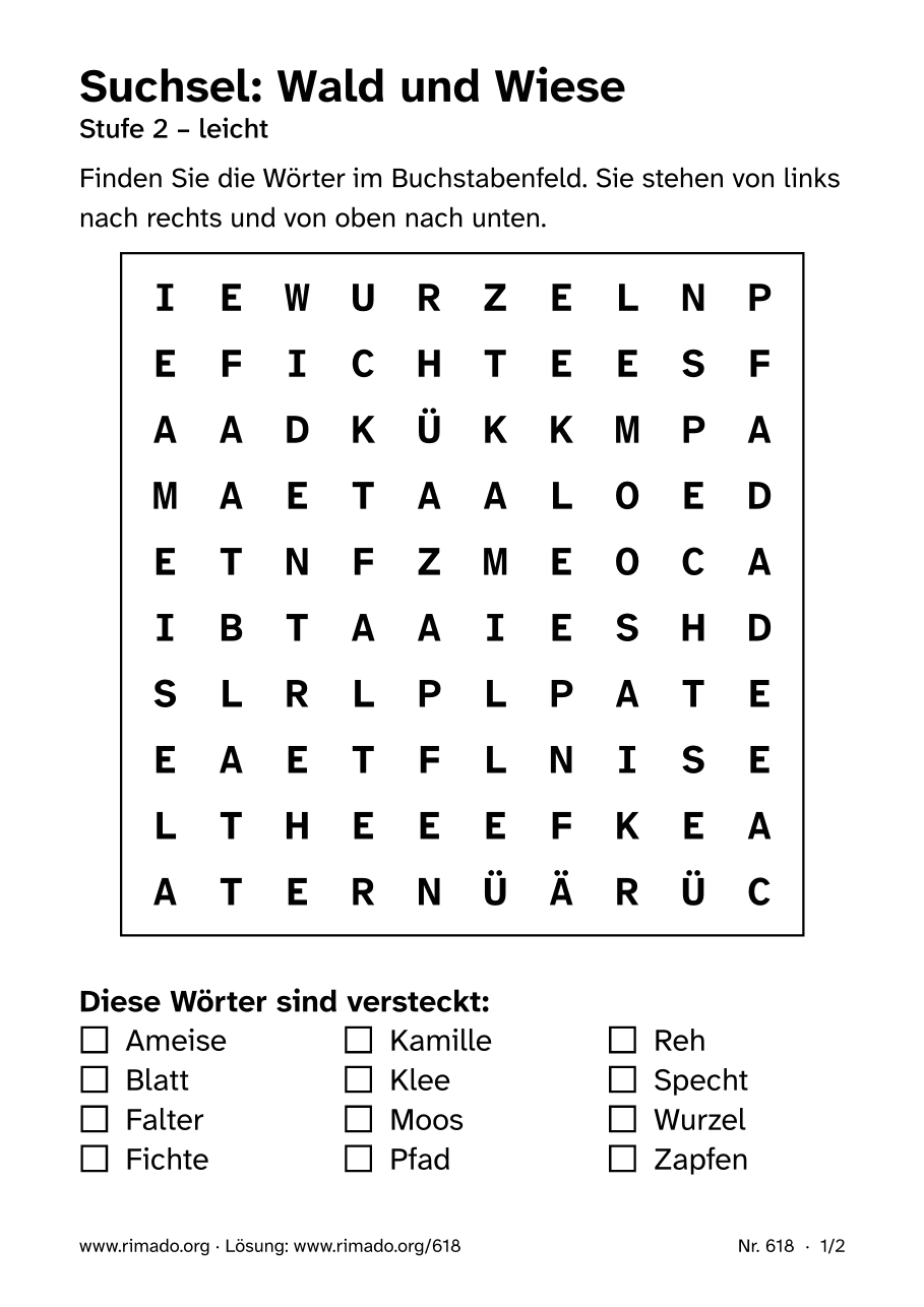 Vorschau der Druckseite: Suchsel „Wald und Wiese“, Nr. 618