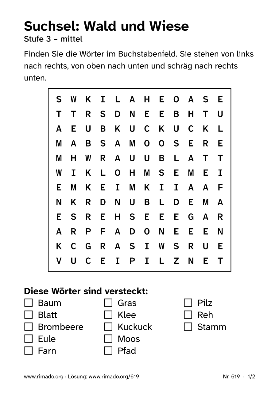 Vorschau der Druckseite: Suchsel „Wald und Wiese“, Nr. 619
