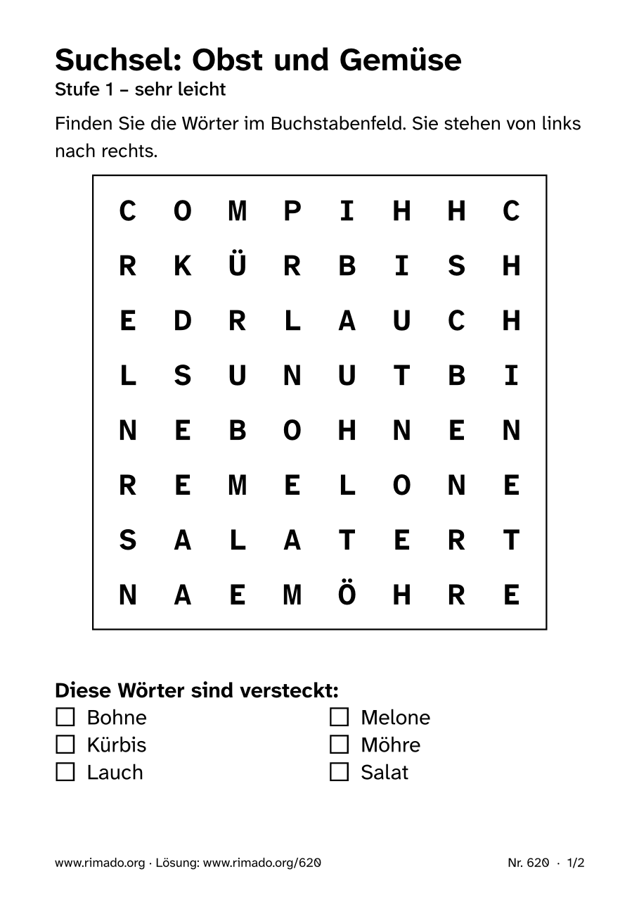 Vorschau der Druckseite: Suchsel „Obst und Gemüse“, Nr. 620