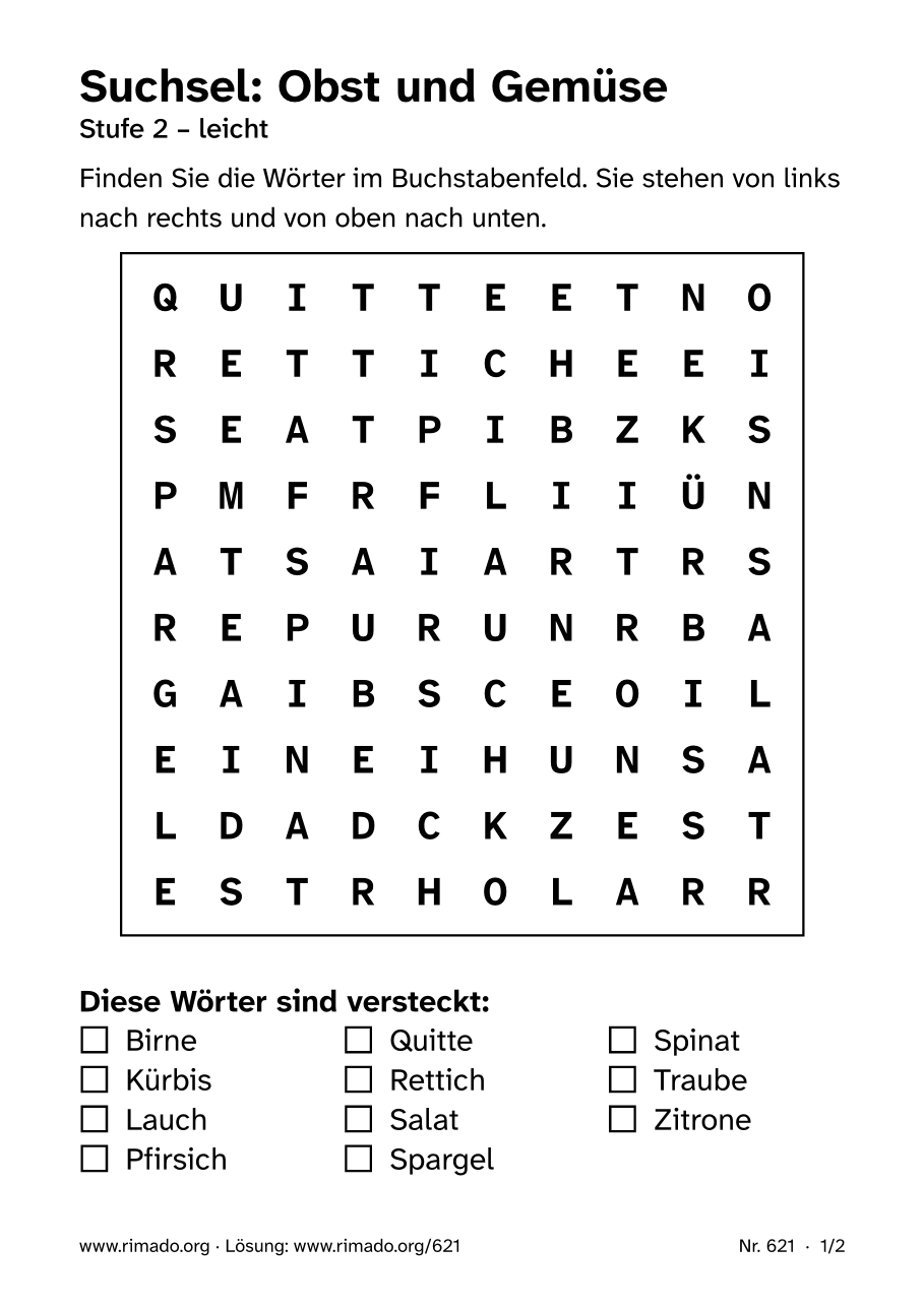 Vorschau der Druckseite: Suchsel „Obst und Gemüse“, Nr. 621