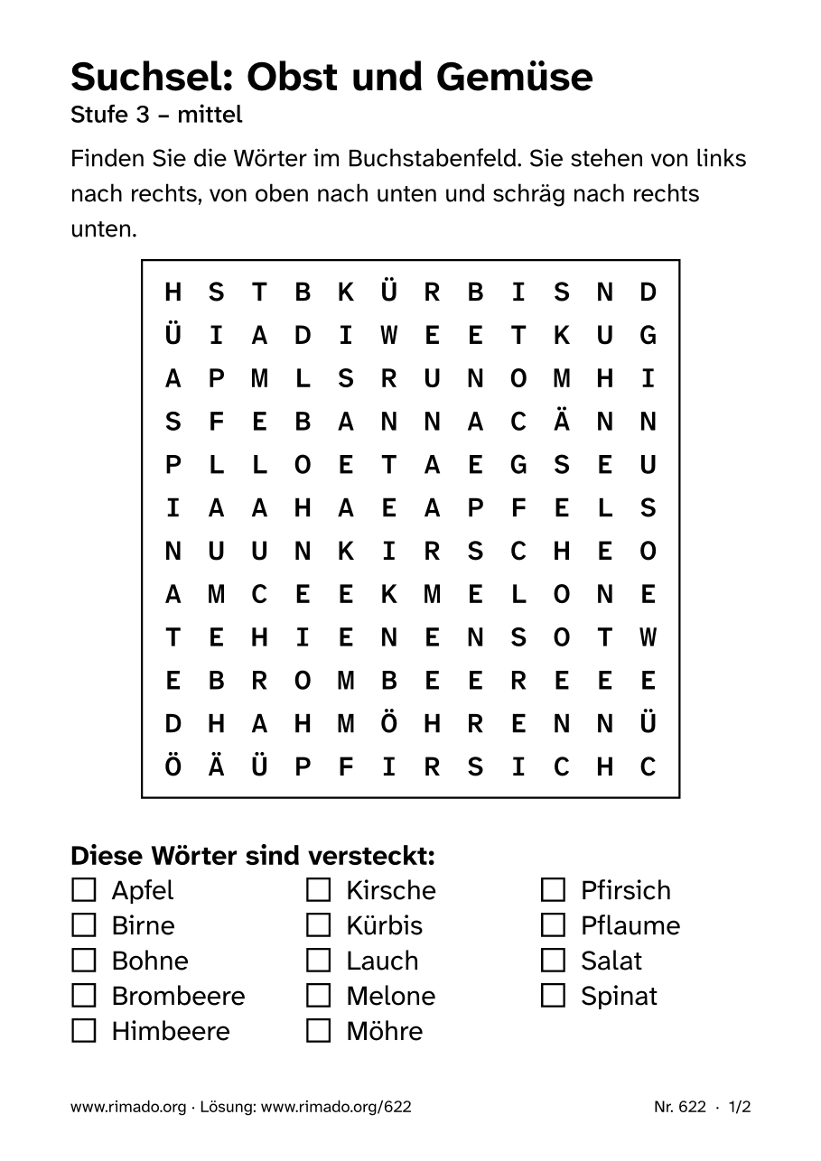 Vorschau der Druckseite: Suchsel „Obst und Gemüse“, Nr. 622
