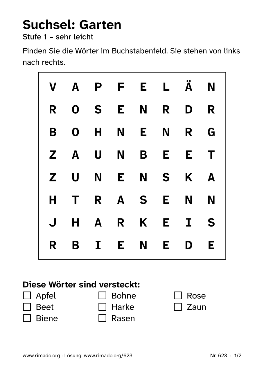 Vorschau der Druckseite: Suchsel „Garten“, Nr. 623