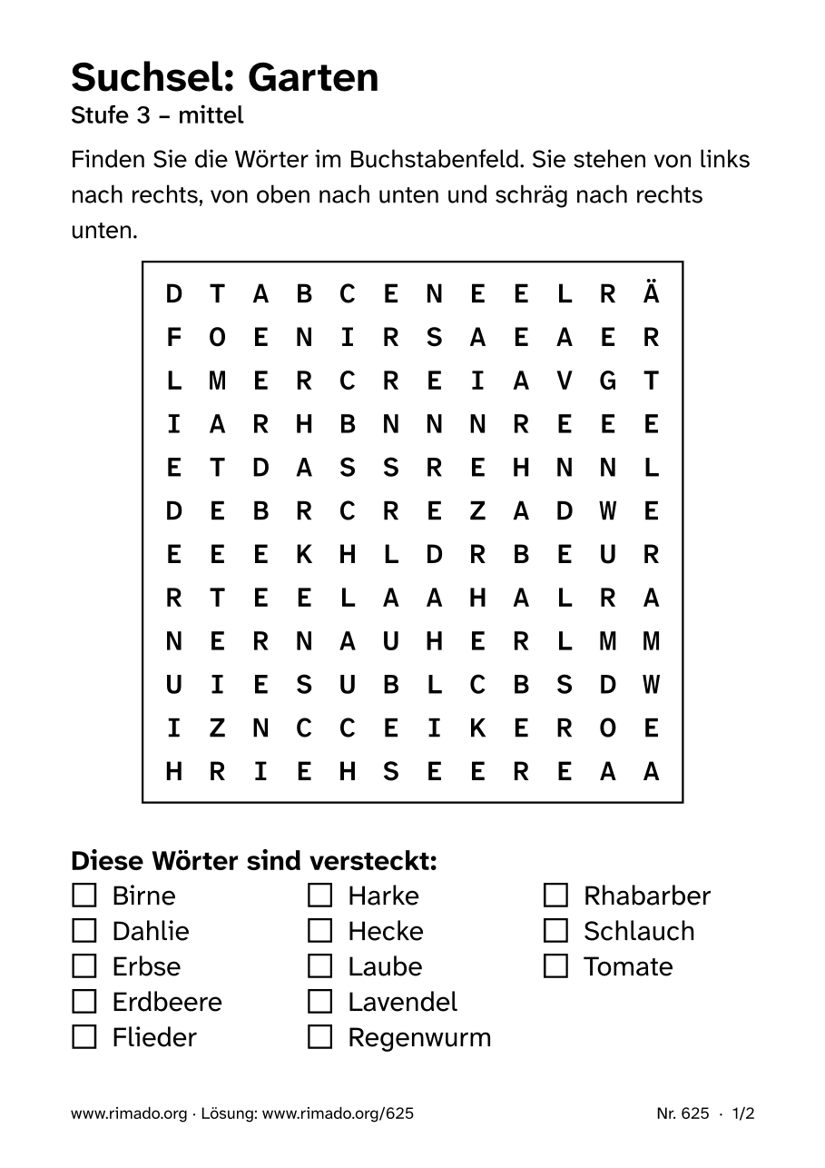 Vorschau der Druckseite: Suchsel „Garten“, Nr. 625