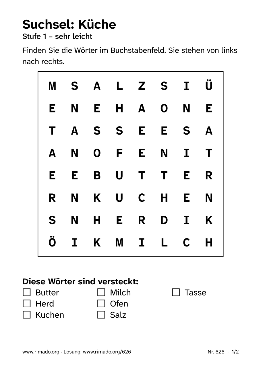 Vorschau der Druckseite: Suchsel „Küche“, Nr. 626