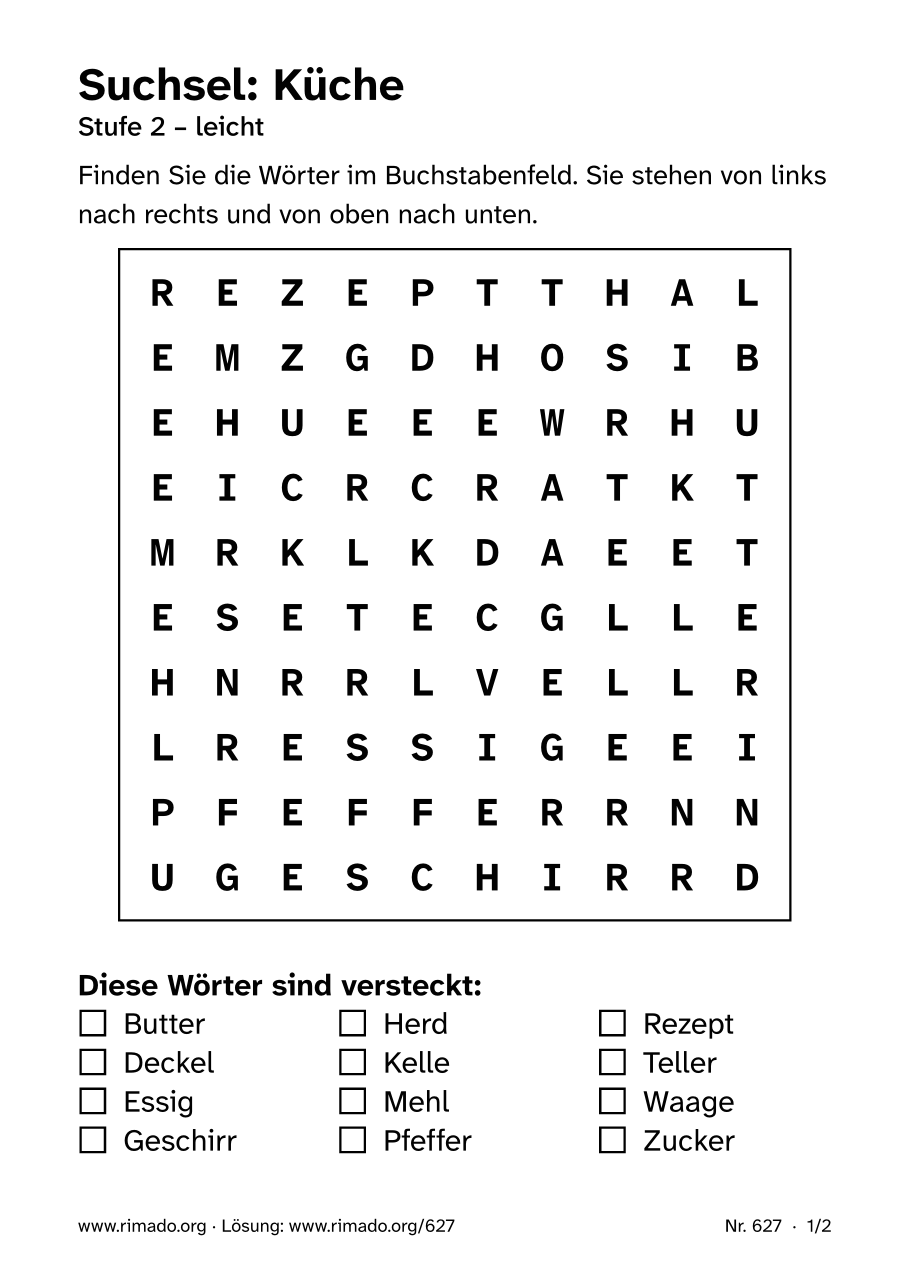 Vorschau der Druckseite: Suchsel „Küche“, Nr. 627