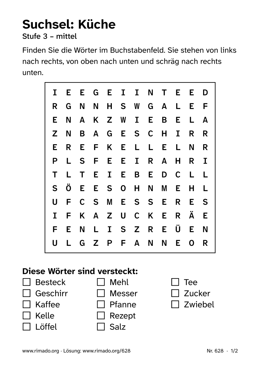 Vorschau der Druckseite: Suchsel „Küche“, Nr. 628