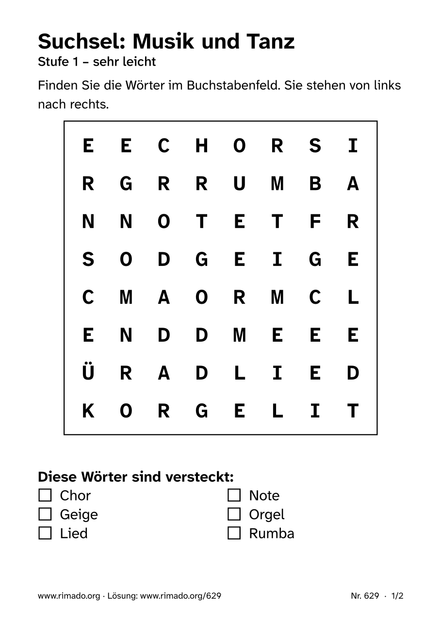 Vorschau der Druckseite: Suchsel „Musik und Tanz“, Nr. 629
