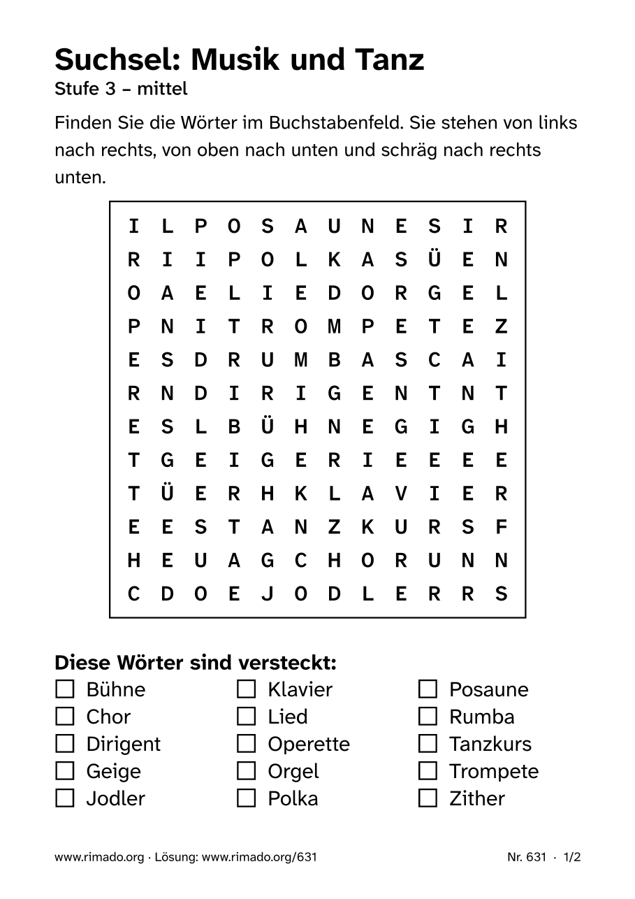 Vorschau der Druckseite: Suchsel „Musik und Tanz“, Nr. 631