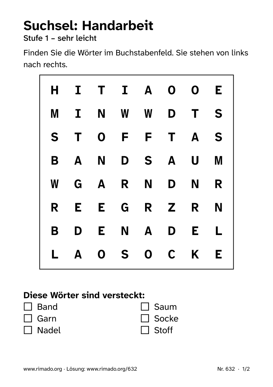 Vorschau der Druckseite: Suchsel „Handarbeit“, Nr. 632