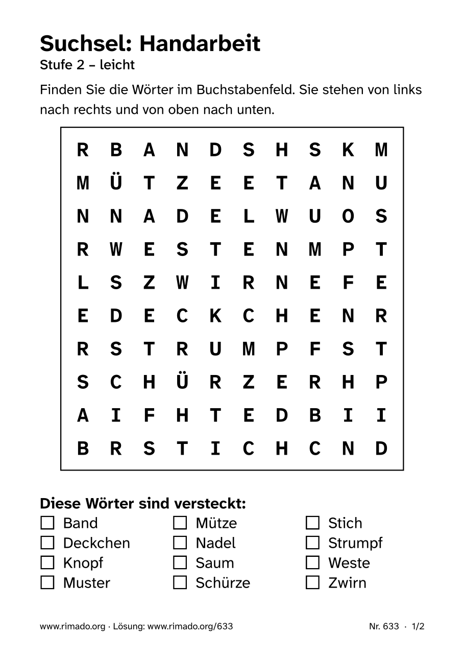 Vorschau der Druckseite: Suchsel „Handarbeit“, Nr. 633