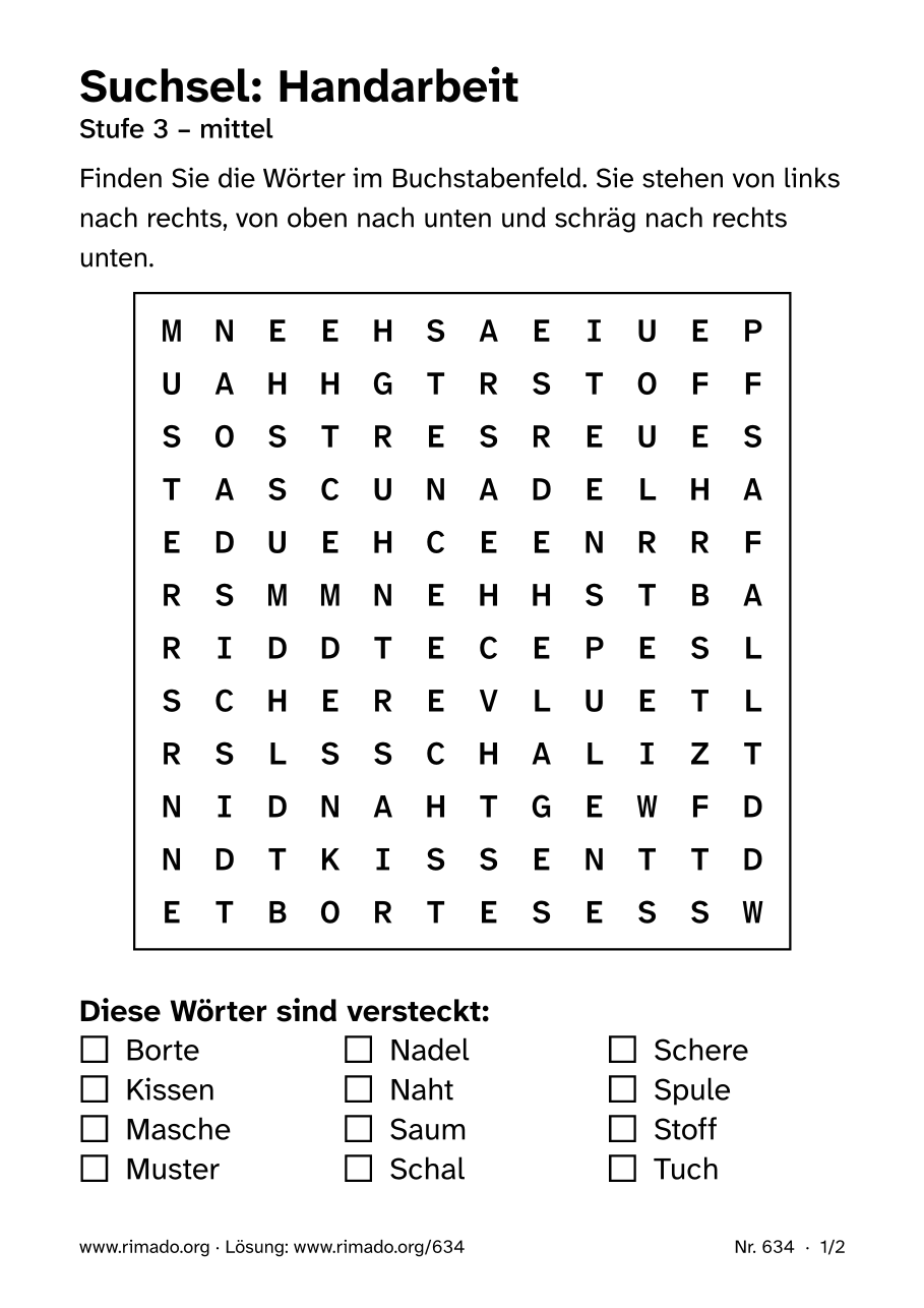 Vorschau der Druckseite: Suchsel „Handarbeit“, Nr. 634
