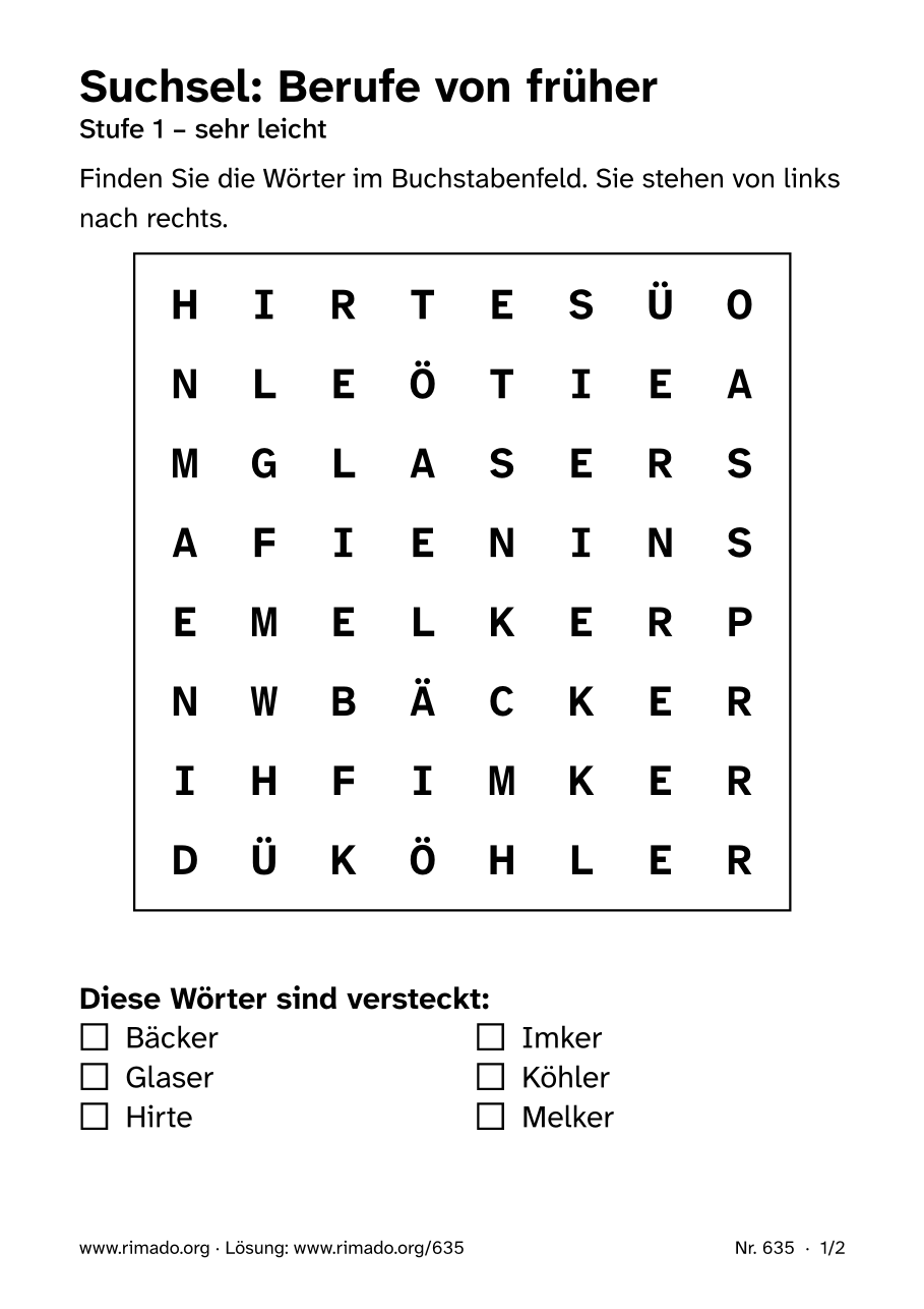 Vorschau der Druckseite: Suchsel „Berufe von früher“, Nr. 635