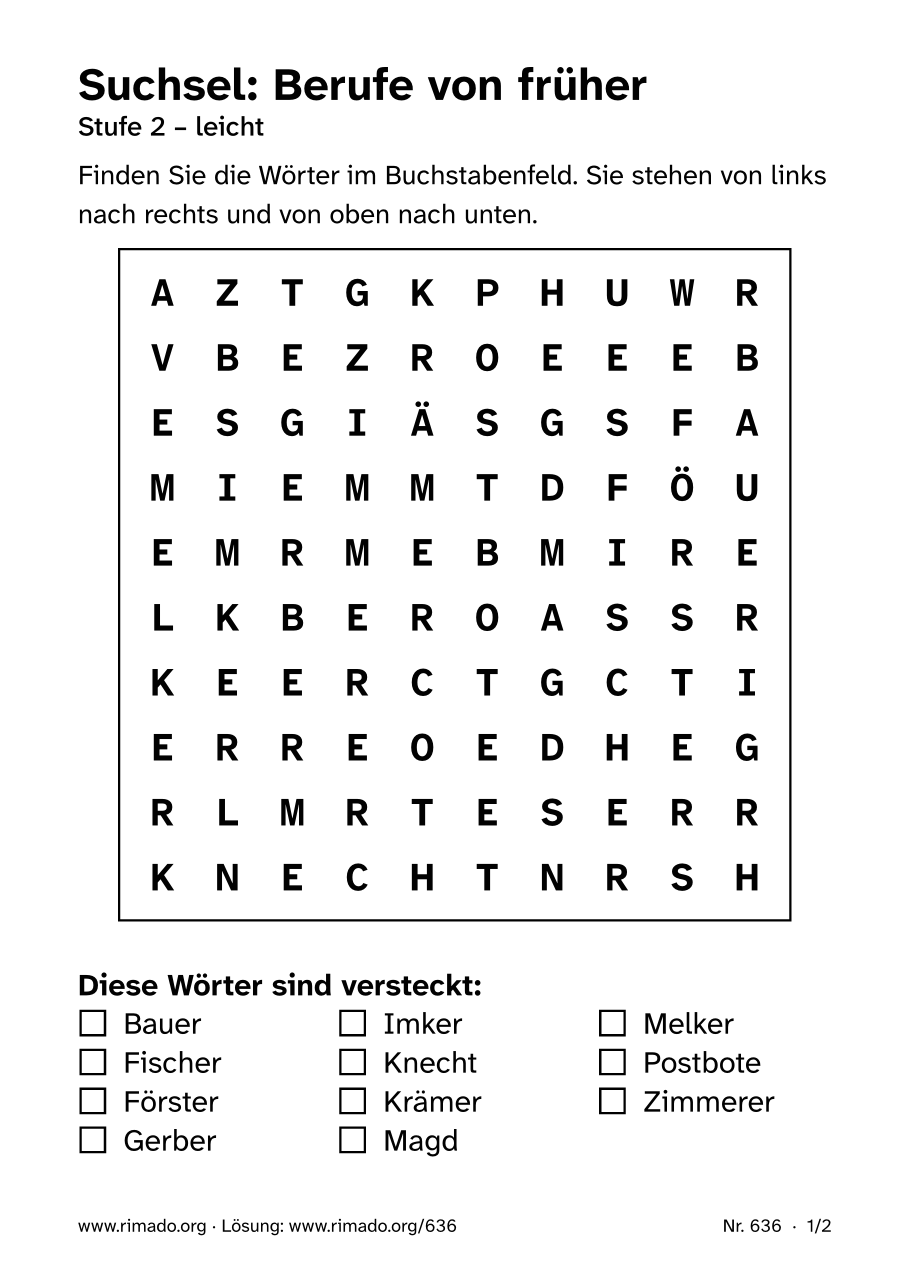 Vorschau der Druckseite: Suchsel „Berufe von früher“, Nr. 636