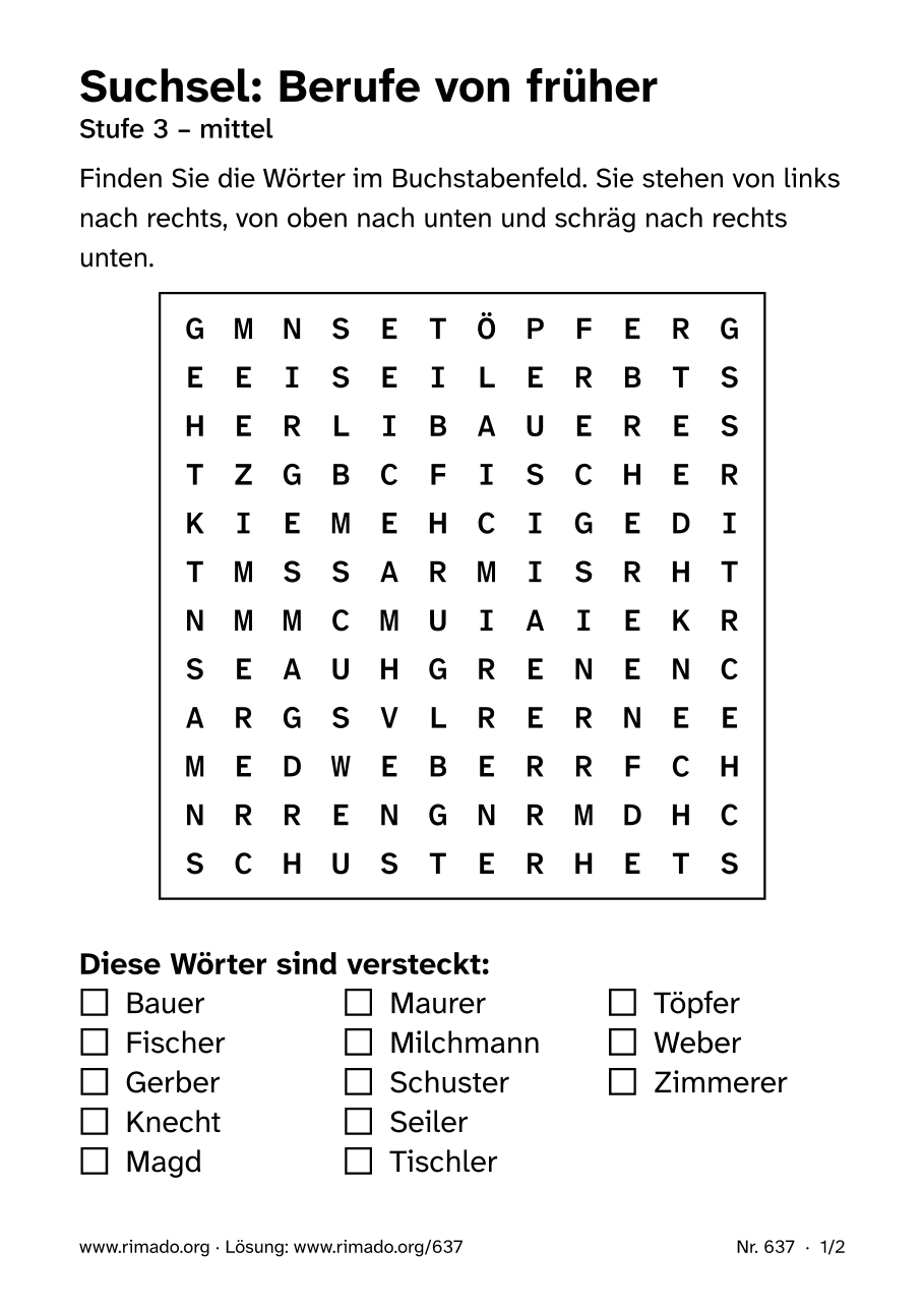 Vorschau der Druckseite: Suchsel „Berufe von früher“, Nr. 637