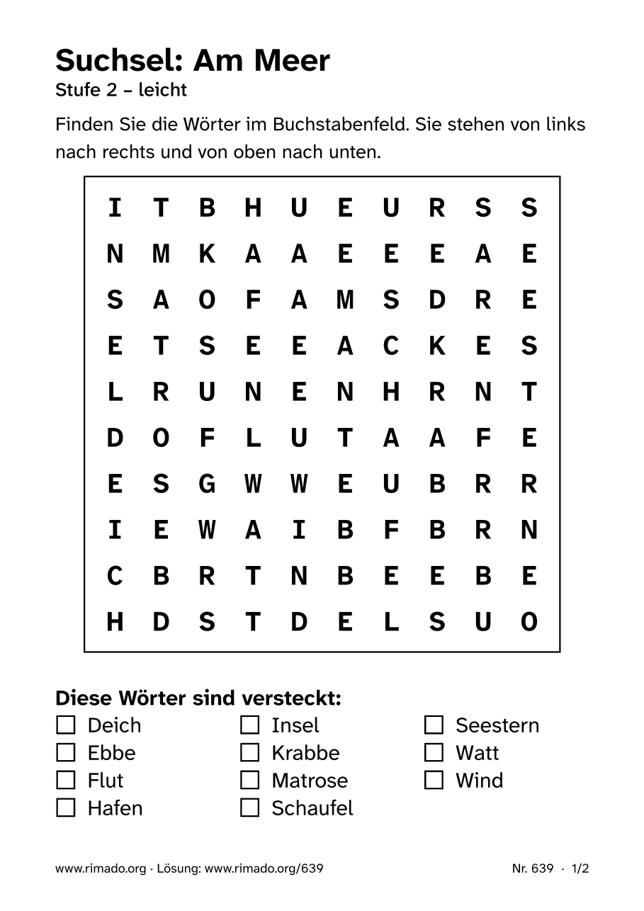 Vorschau der Druckseite: Suchsel „Am Meer“, Nr. 639