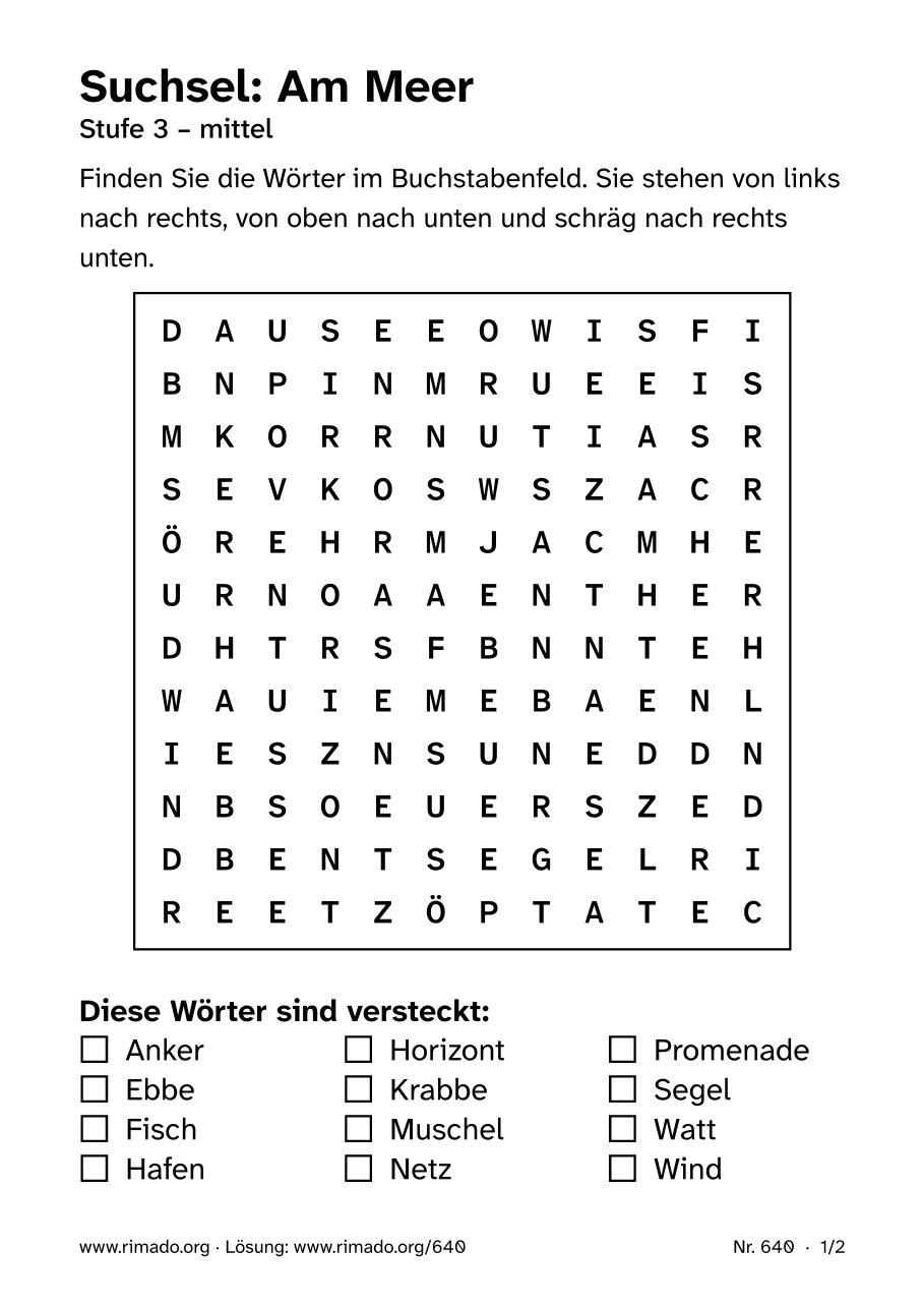 Vorschau der Druckseite: Suchsel „Am Meer“, Nr. 640