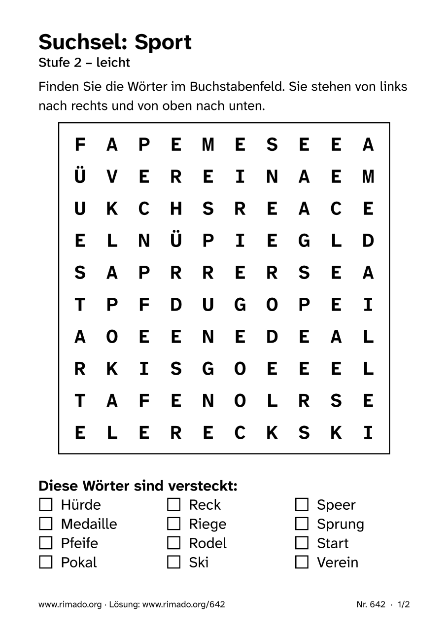 Vorschau der Druckseite: Suchsel „Sport“, Nr. 642