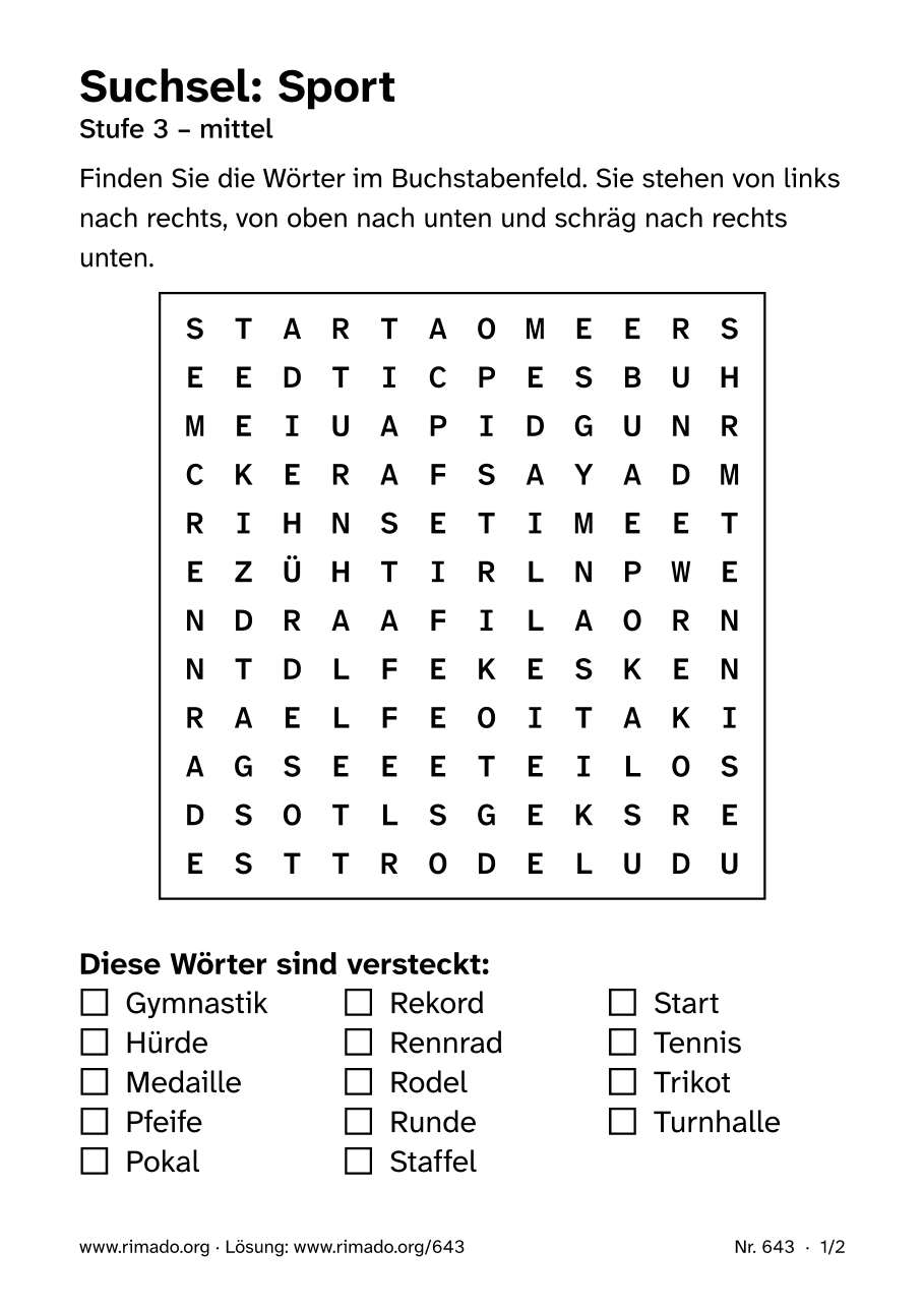 Vorschau der Druckseite: Suchsel „Sport“, Nr. 643