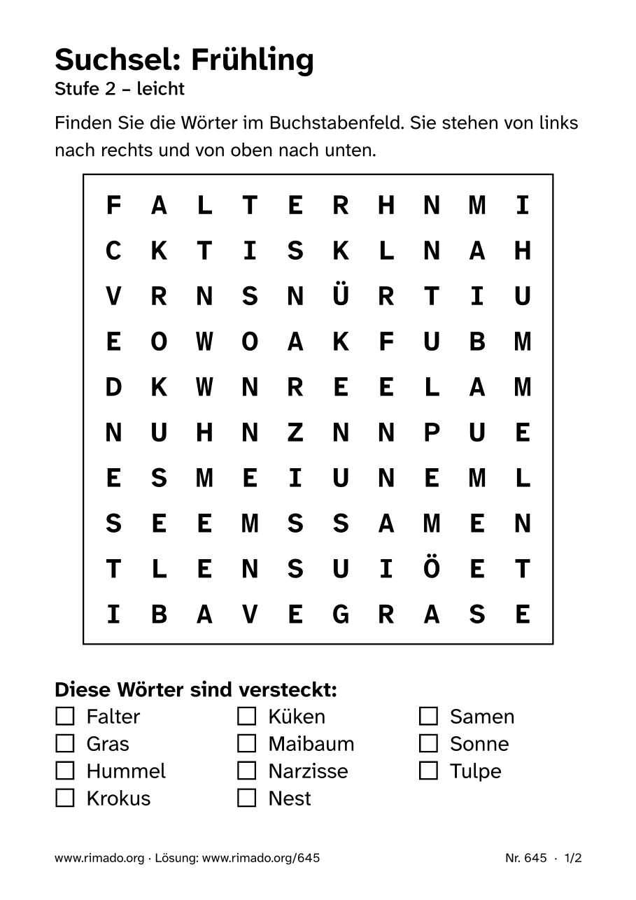 Vorschau der Druckseite: Suchsel „Frühling“, Nr. 645