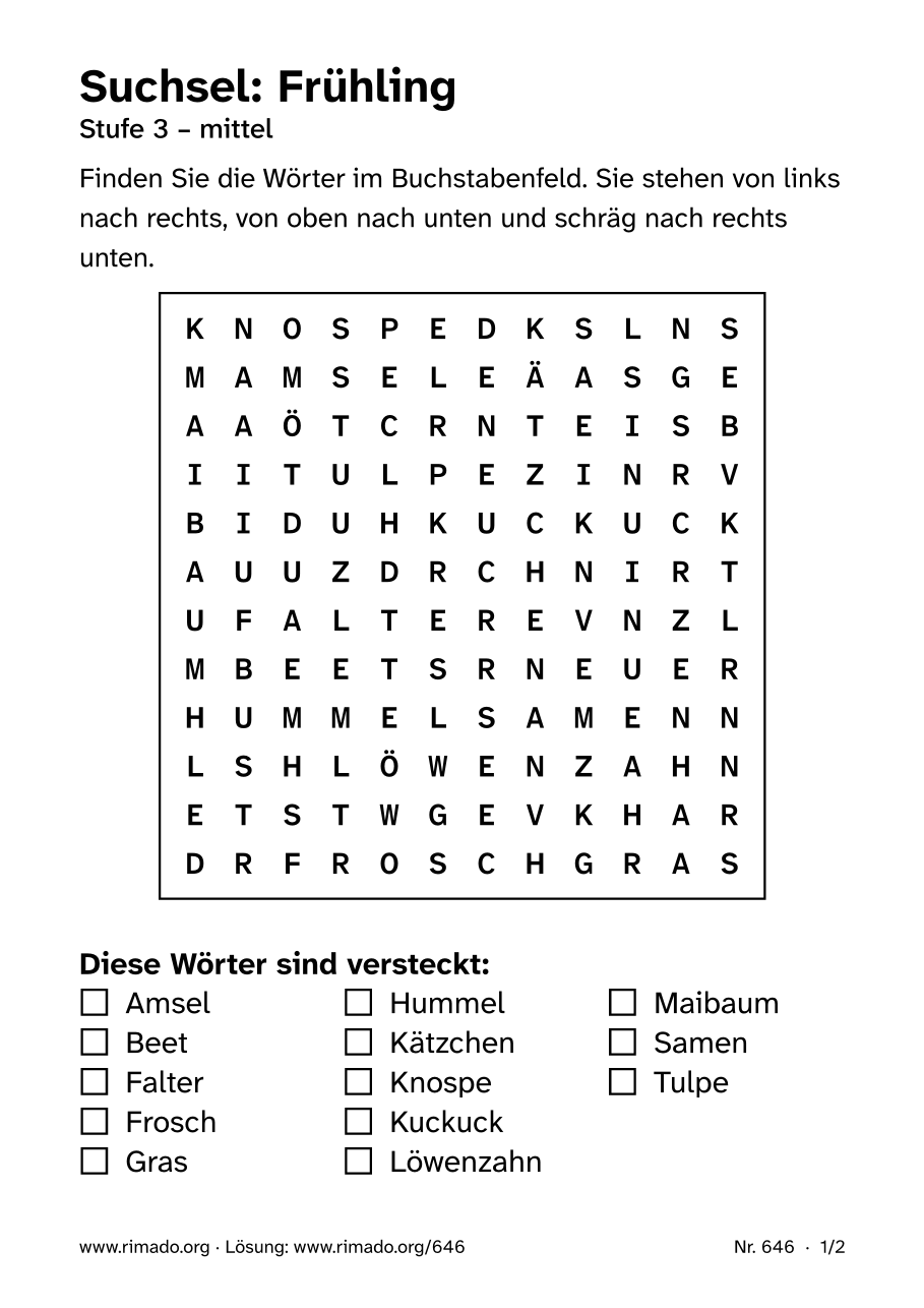 Vorschau der Druckseite: Suchsel „Frühling“, Nr. 646