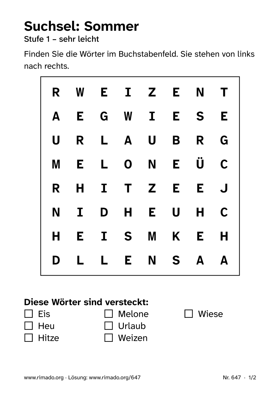 Vorschau der Druckseite: Suchsel „Sommer“, Nr. 647