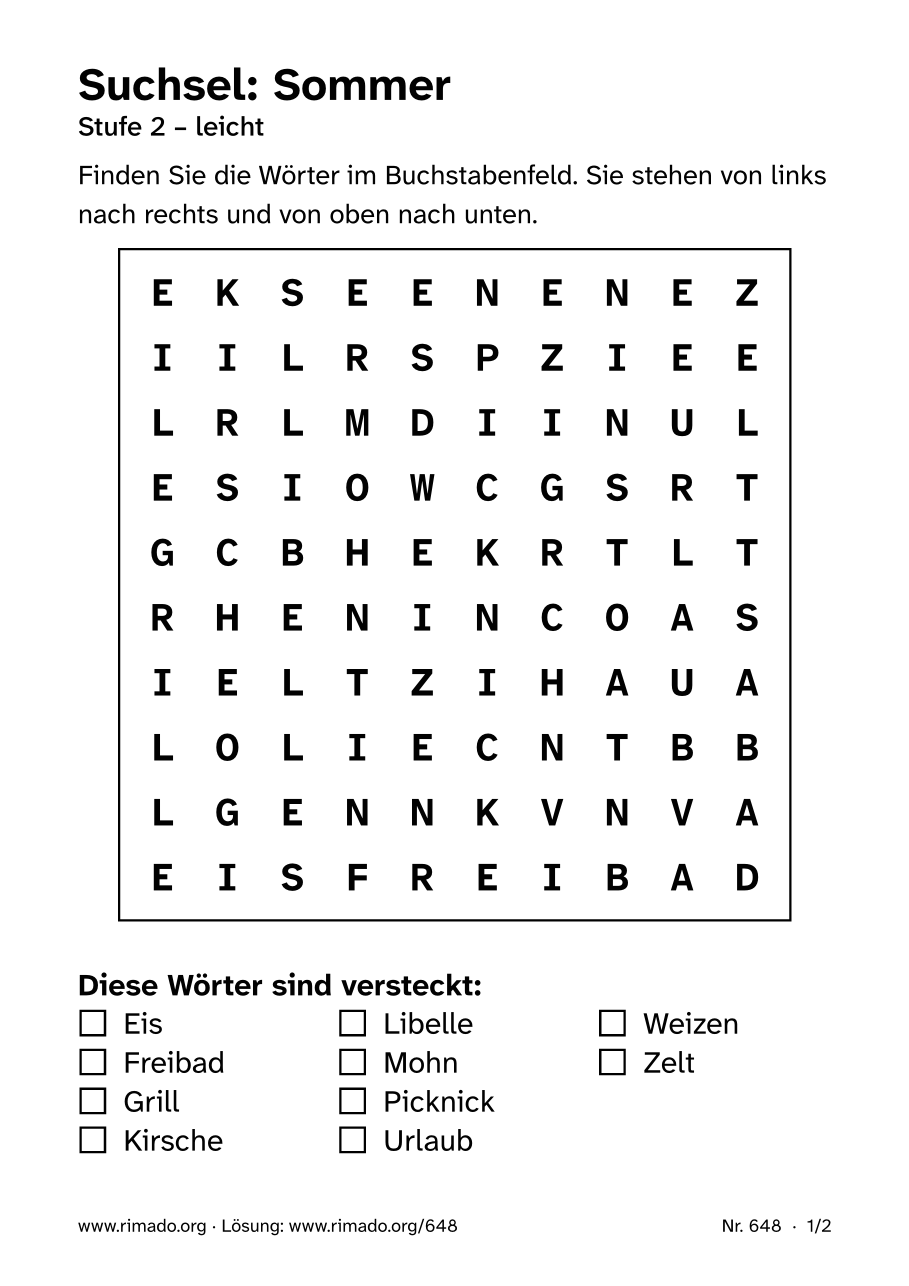 Vorschau der Druckseite: Suchsel „Sommer“, Nr. 648